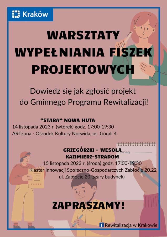 Plakat informujący o warsztatach wypełniania fiszek projektowych 