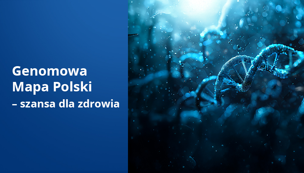 Łańcuch DNA, po prawej napis: Genomowa Mapa Polski - szansa dla zdrowia