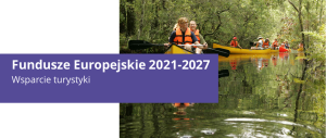 Grafika z napisem w tle kilka osób spływa rzeką na kajakach