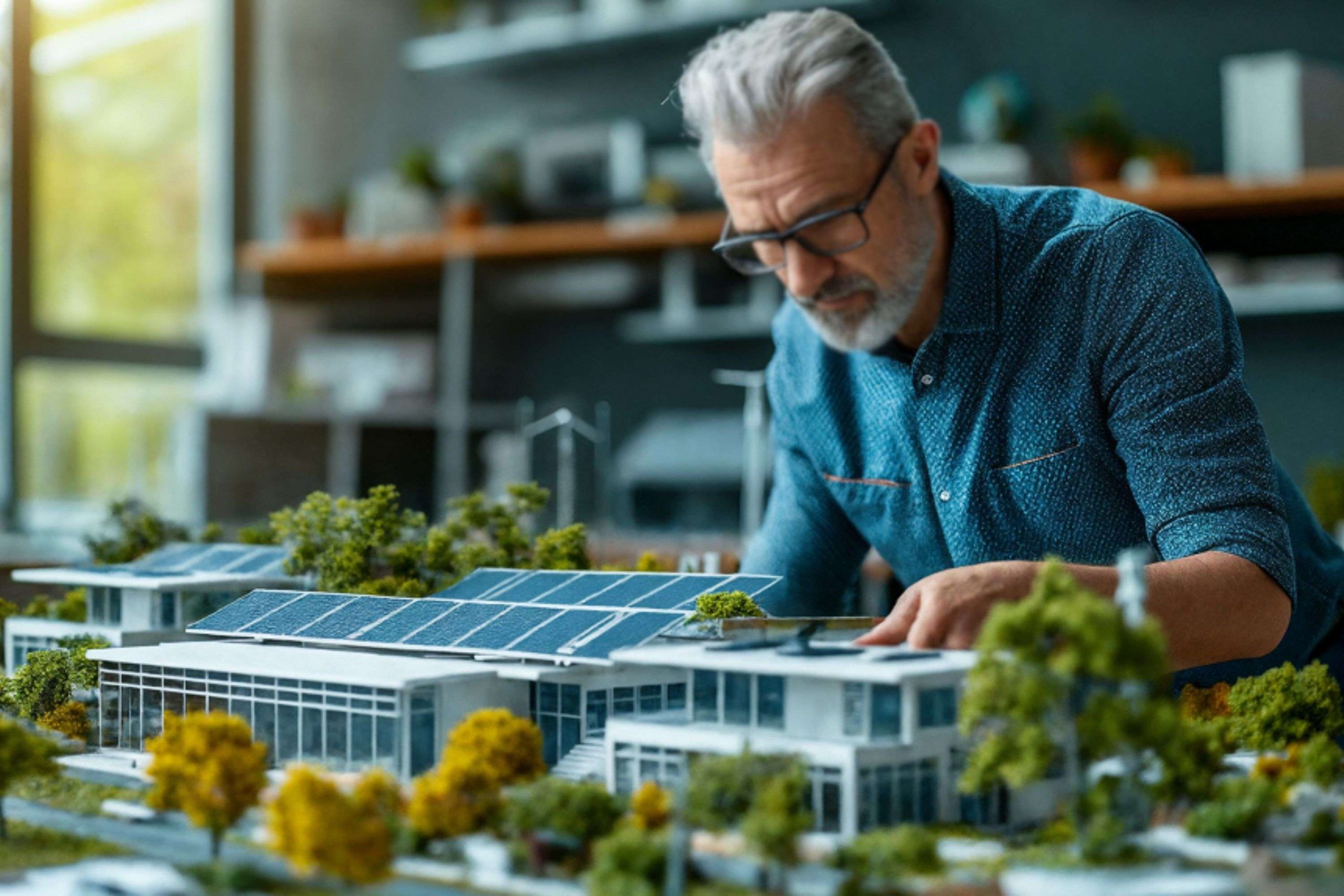 Mężczyzna pochyla się nad makietą