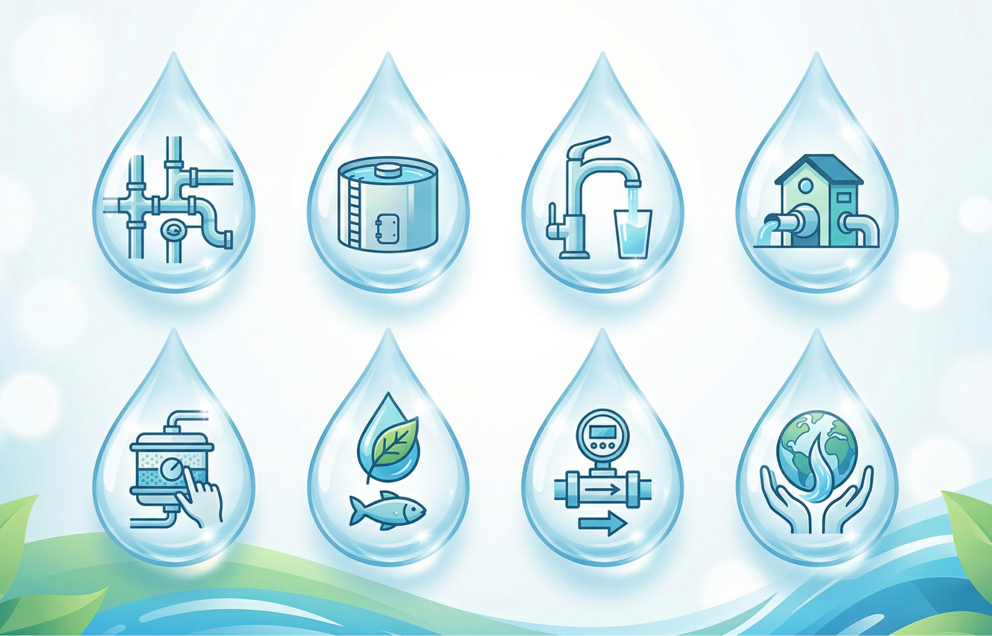 Grafika przedstawia osiem identycznych, błękitnych kropli wody, ułożonych symetrycznie w dwóch rzędach po cztery, na jasnym, rozbielonym tle z widocznymi u dołu zarysami zielonych liści