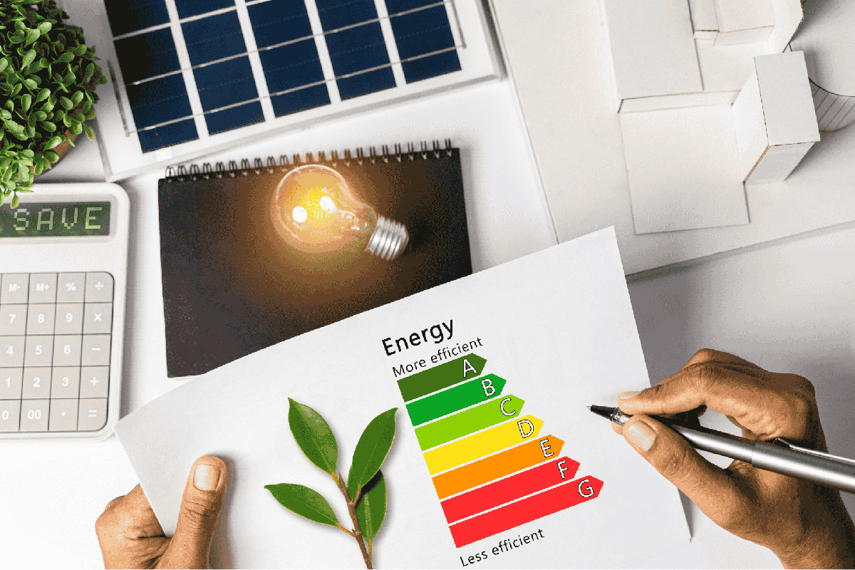 Ręka wykres wydajności energetyczniej, laptop, zielona energia