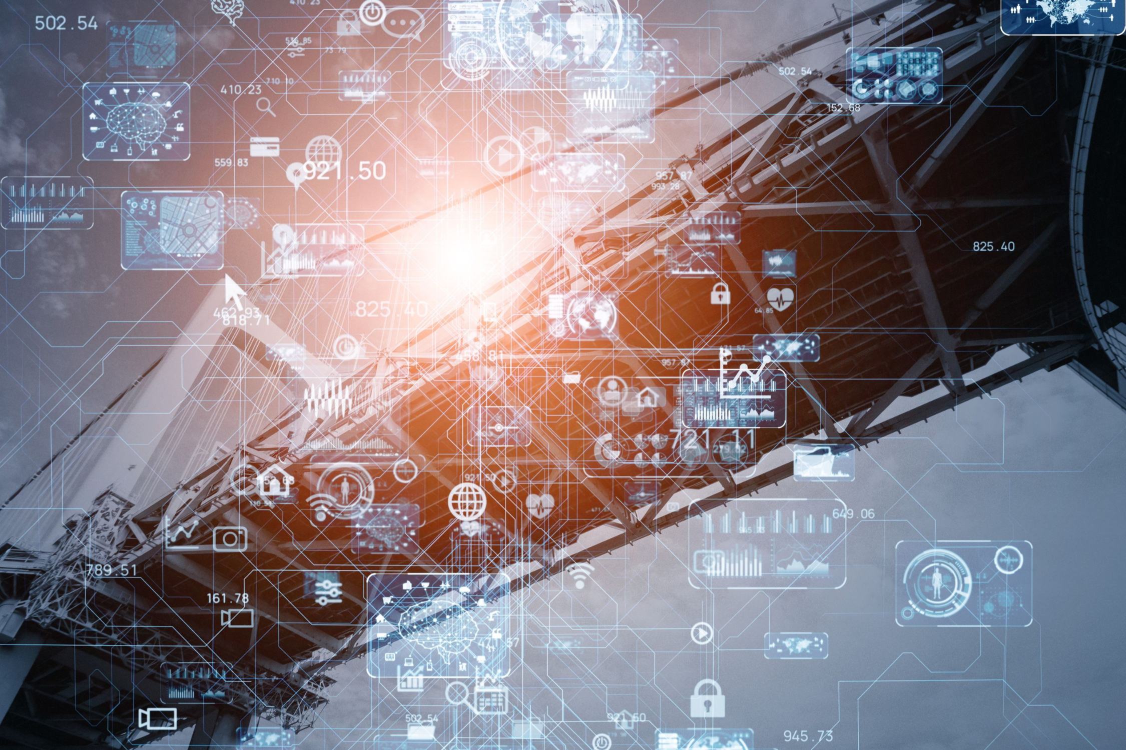 Grafika abstrakcyjna - w tle most, na pierwszym planie ikonki symbolizujące różne obszary gospodarki