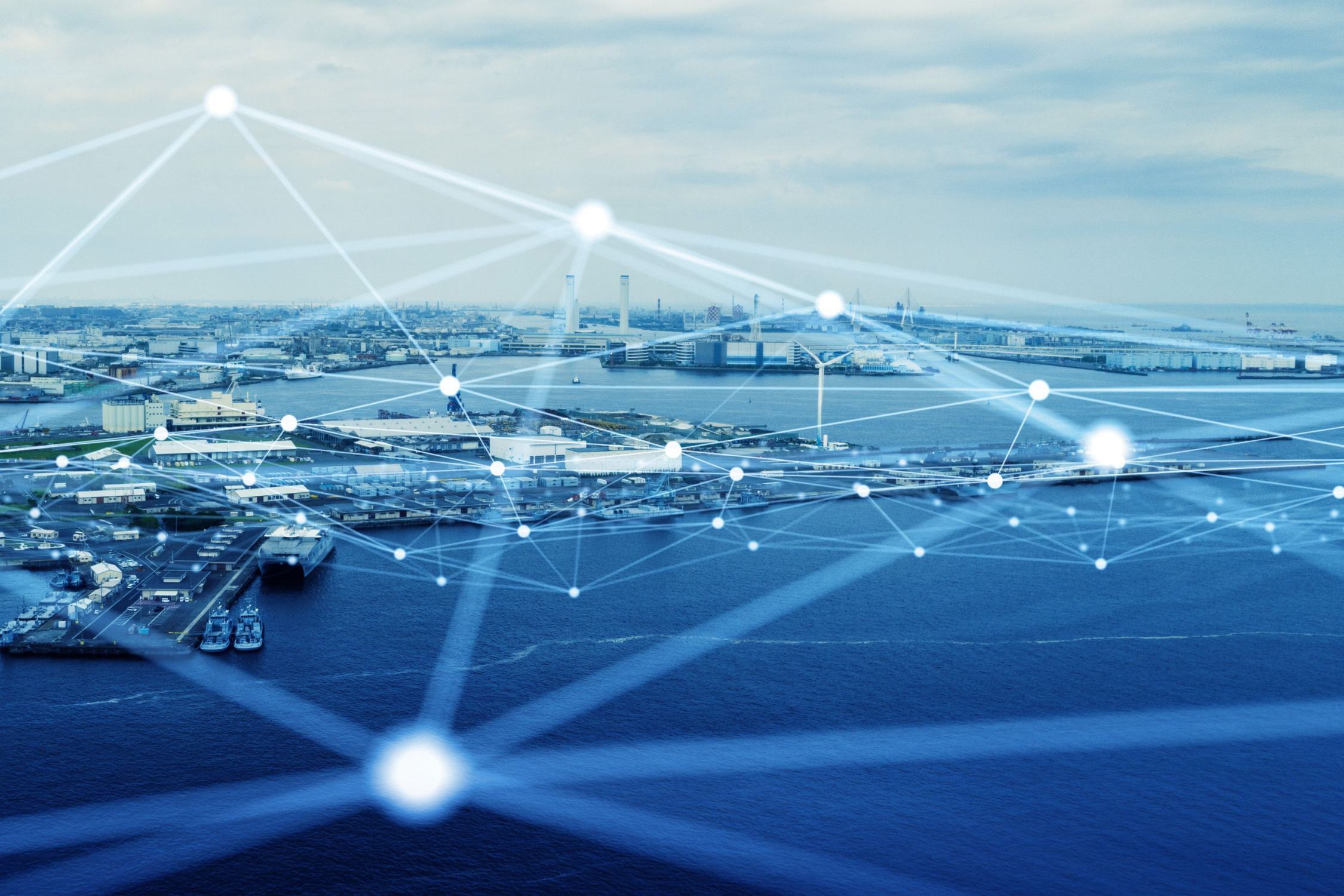 Grafika abstrakcyjna - w tle port, na pierwszym planie połączone punkty