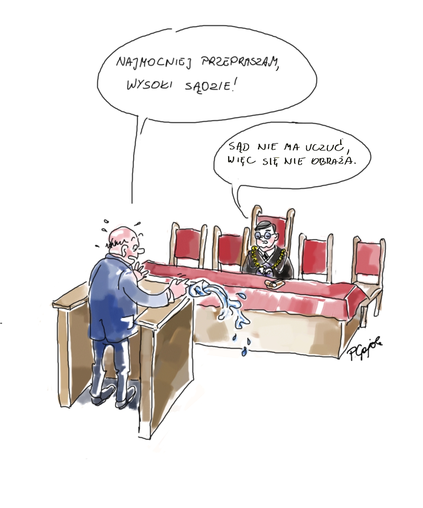 Komiksowy rysunek przedstawia mężczyznę zeznającego przed sądem. 