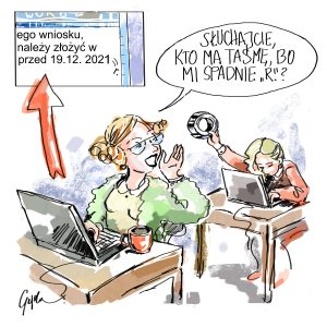 Kobieta prosi koleżankę z biura o taśmę klejącą: Słuchajcie, kto ma taśmę klejącą, bo mi spadnie „r”?