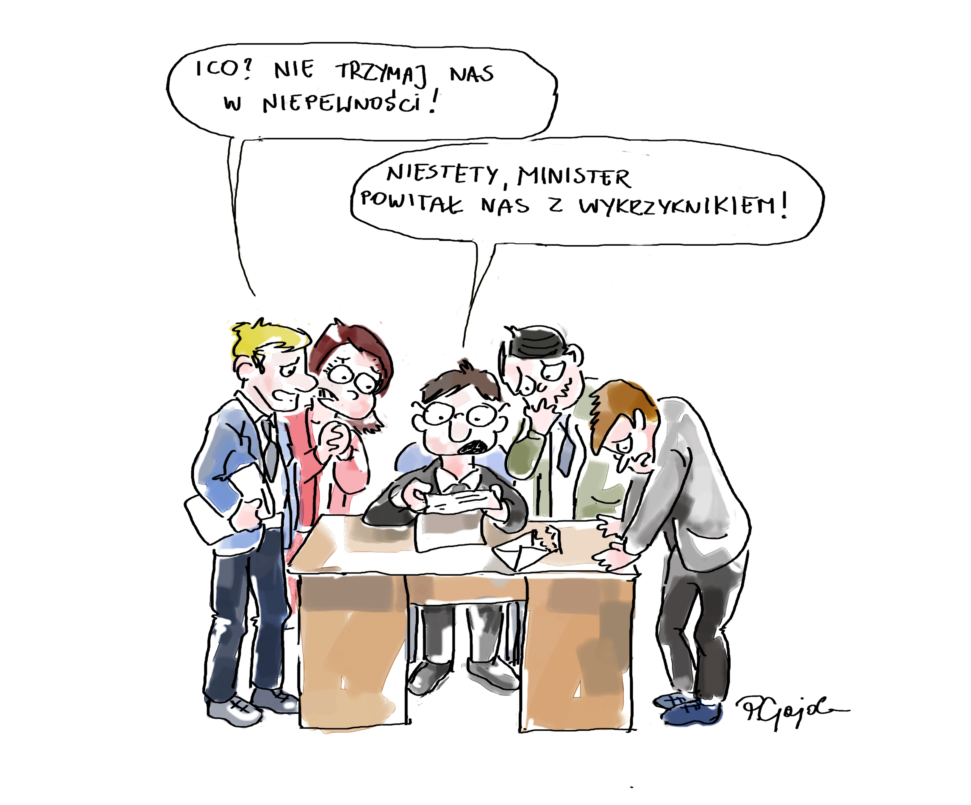 Komiksowy rysunek przedstawia grupę osób pochylonych nad osobą czytającą list. 