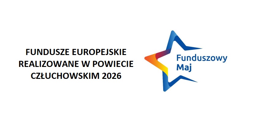 Logo akcji \"Funduszowy Maj\" oraz napis \" FUNDUSZE EUROPEJSKIE REALIZOWANE W POWIECIE CZŁUCHOWSKIM 2026