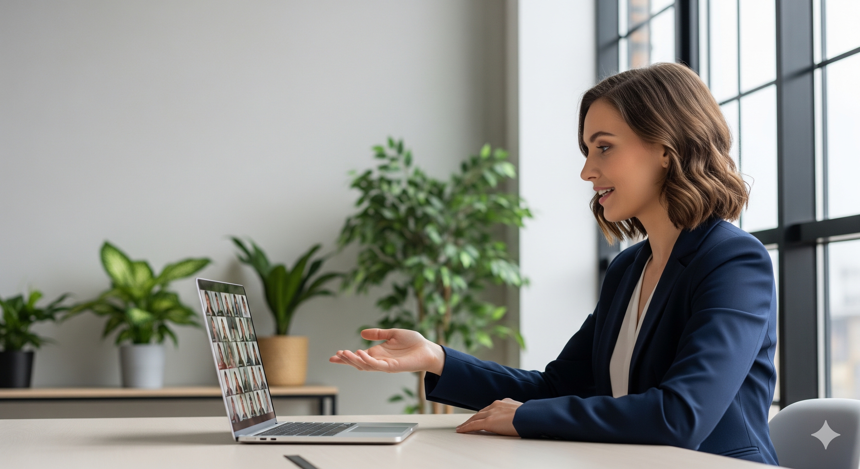 Kobieta siedzi przed komputerem i bierze udział w zdalnym spotkaniu