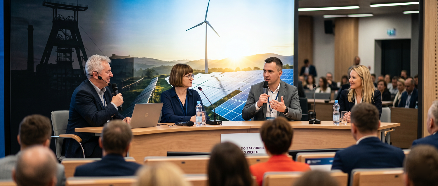 grupa osób w sali konferencyjnej, publiczność na widowni oraz prowadzący przy stole konferencyjnym, w tle zdjęcie szybu górniczego, paneli fotowoltaicznych i wiatraków