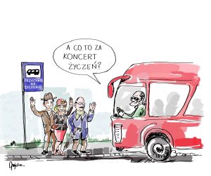 Komiksowy rysunek przedstawia ludzi czekających na przystanku.