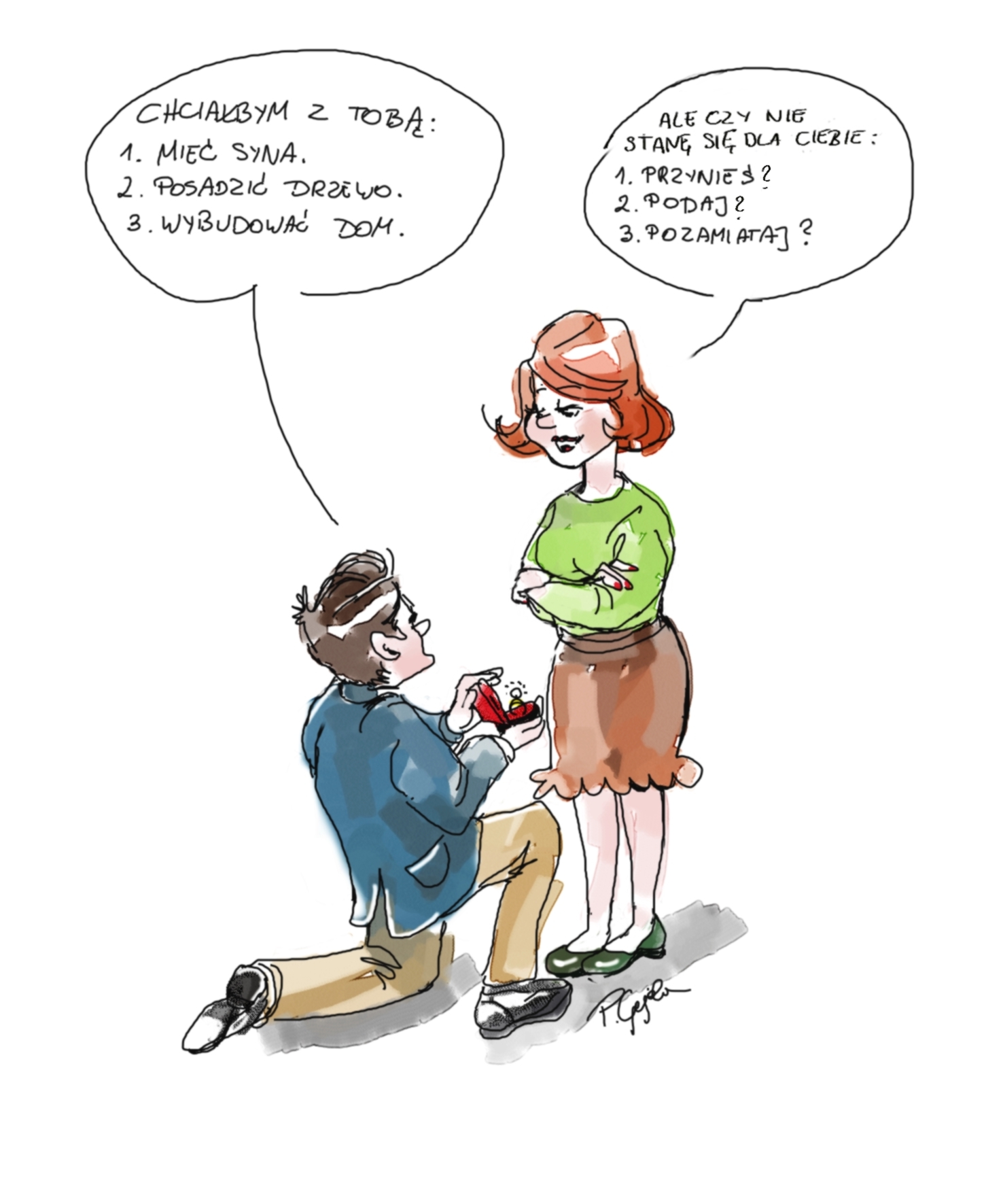 Komiksowy rysunek przestawia mężczyznę i kobietę.