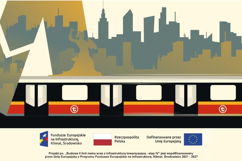 Grafika przedstawiająca czerwony pociąg metra w Warszawie