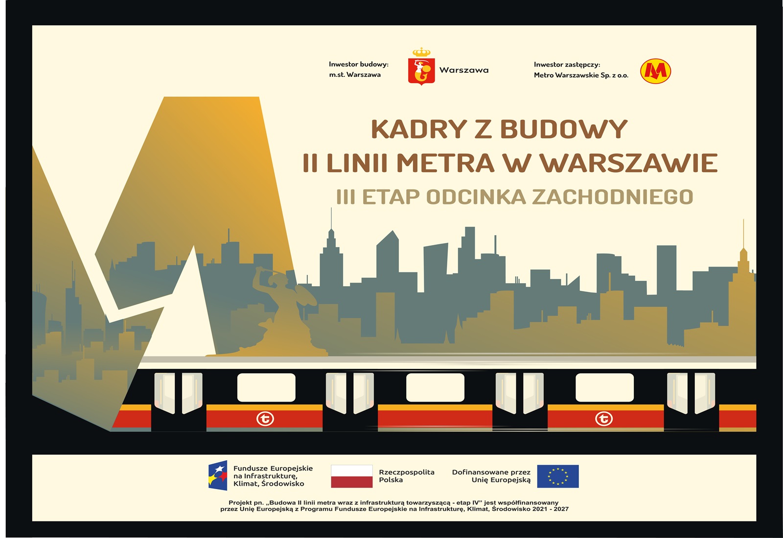 Ilustracja przedstawia pociąg metra i centrum Warszawy