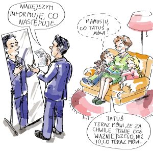 Komiks przedstawia rozmawiającą ze sobą rodzinę.
