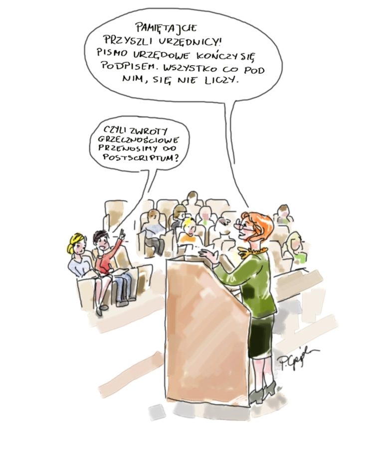 Komiksowy rysunek przedstawia prelegentkę podczas przemówienia. 