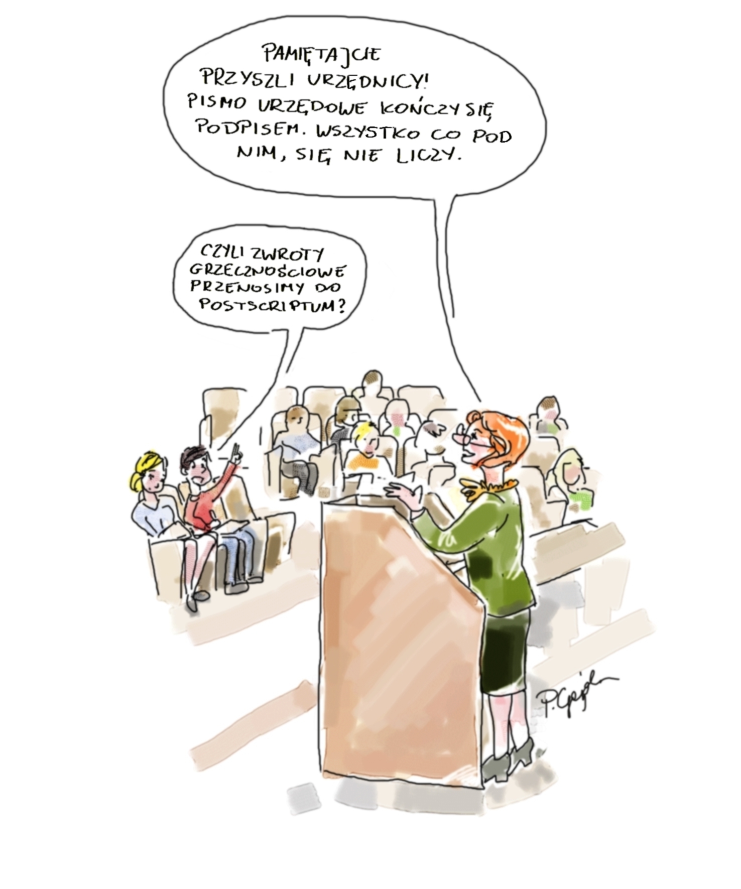 Komiksowy rysunek przedstawia prelegentkę podczas przemówienia. 