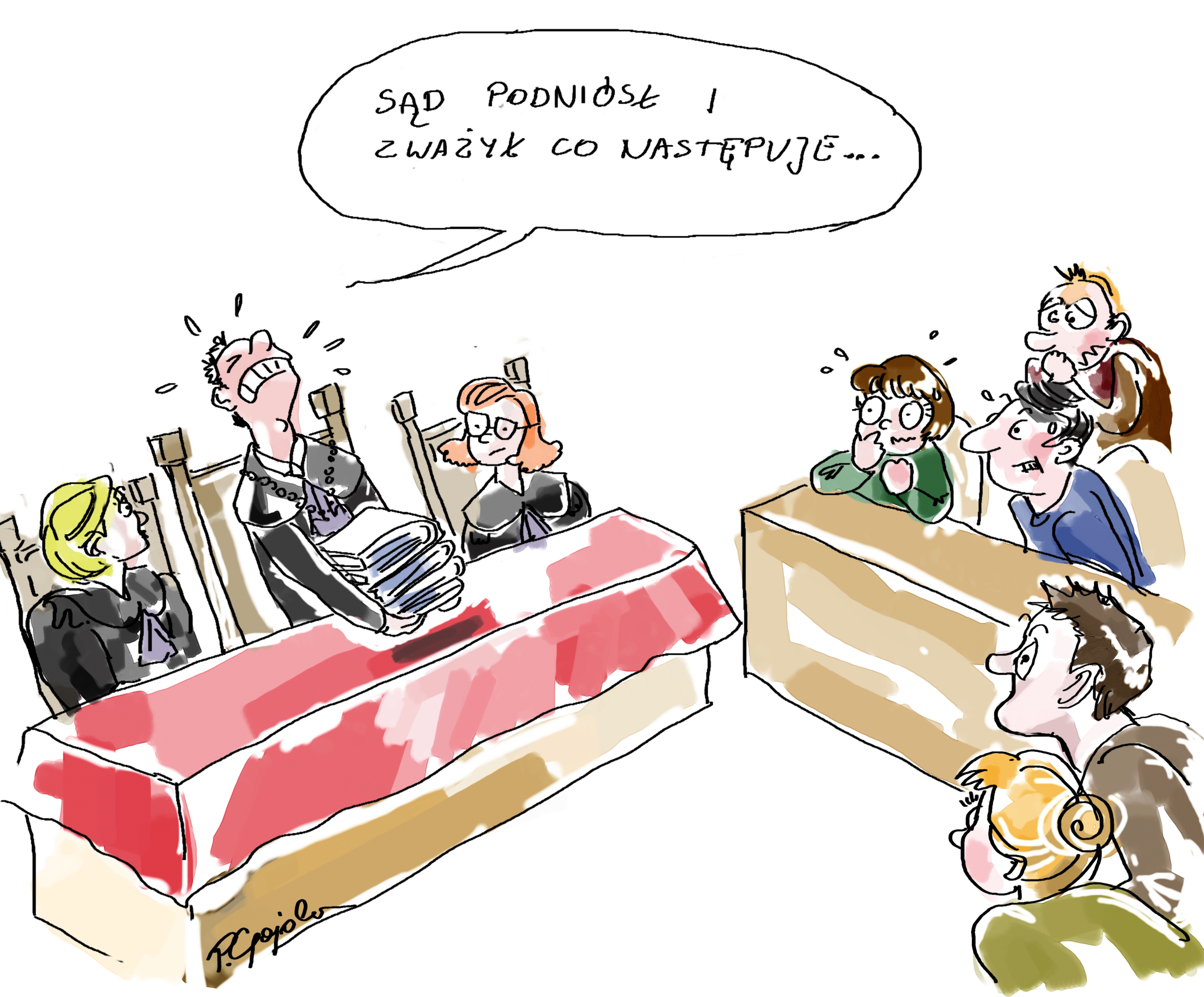 Komiksowy rysunek przedstawia sale sądową. 