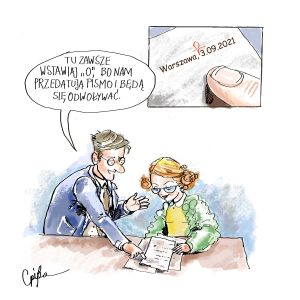 Rysunek przedstawia mężczyznę, który radzi koleżance, żeby wstawiła zero przed datą.