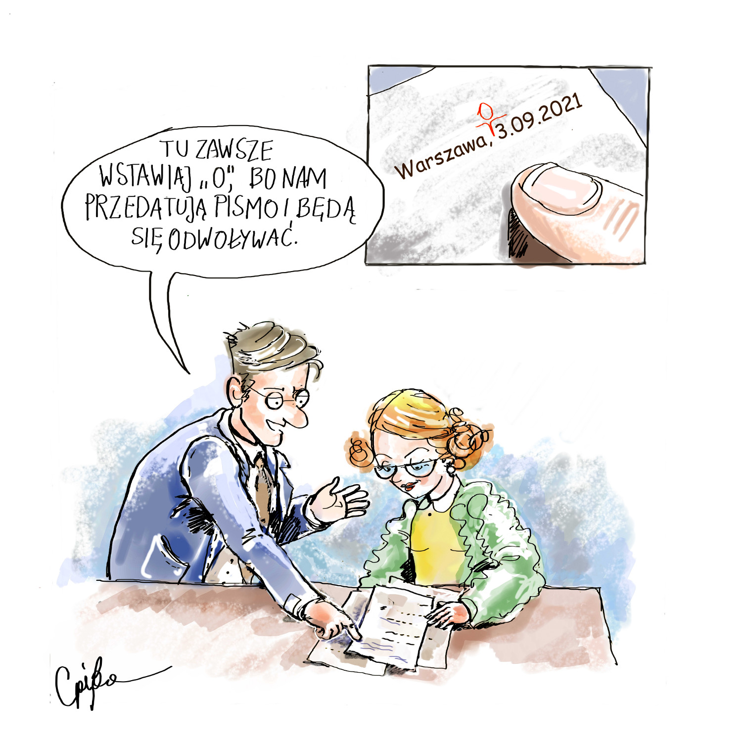 Rysunek przedstawia mężczyznę, który radzi koleżance, żeby wstawiła zero przed datą.