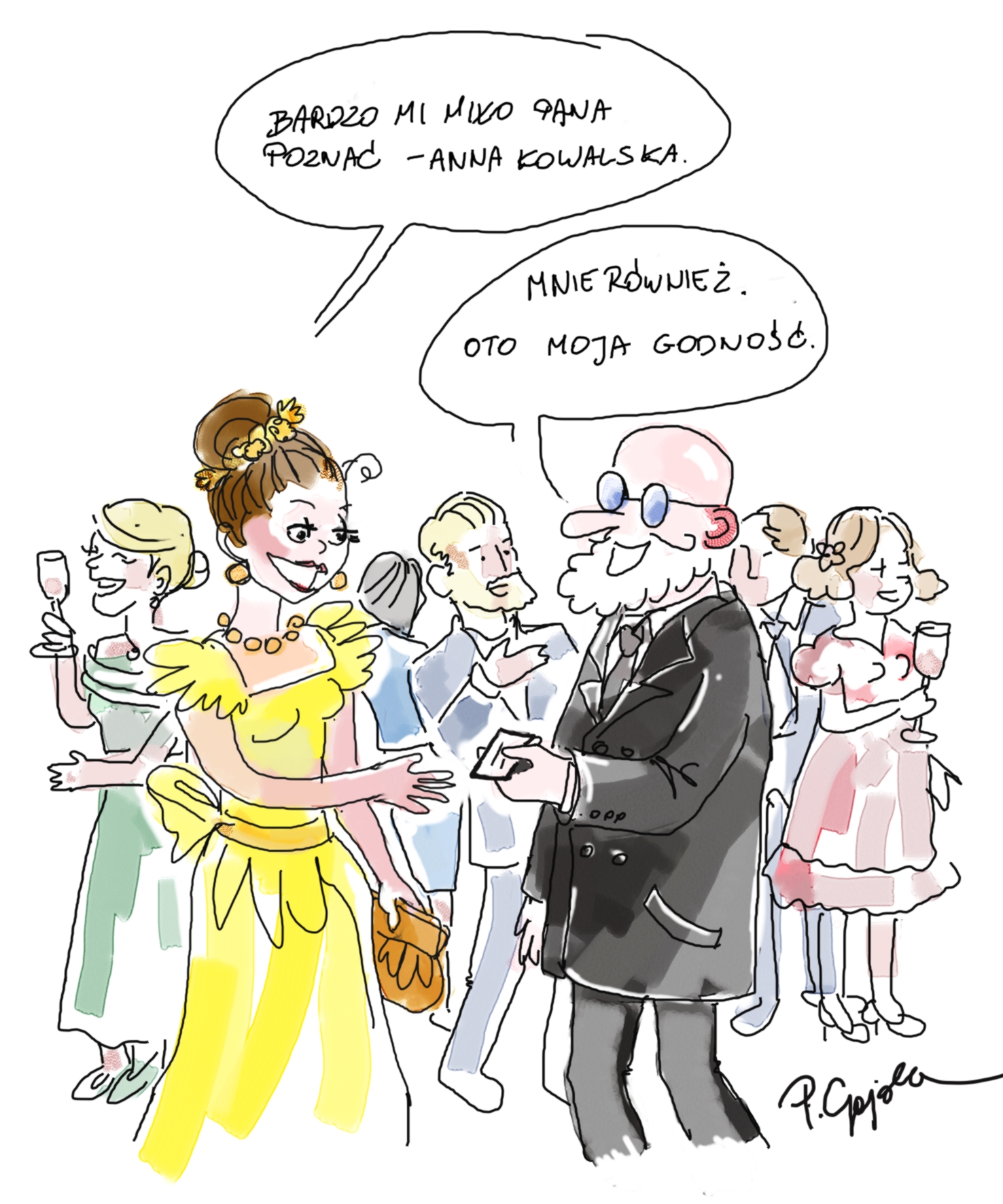 Komiksowy rysunek przedstawia osoby rozmawiające podczas balu. 