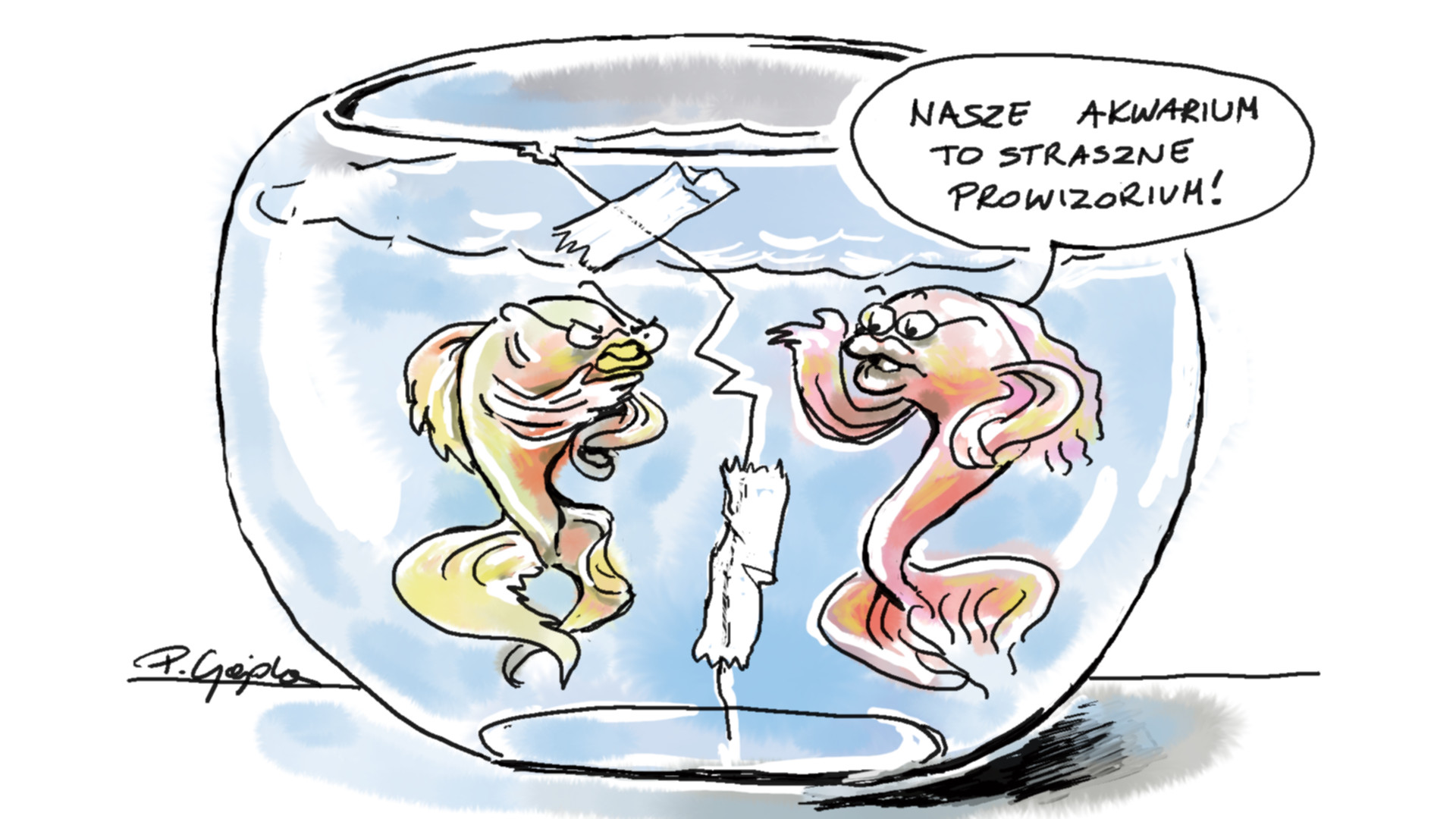 Grafika przedstawia rybki w akwarium, z których jedna mówi: Nasze akwarium to straszne prowizorium.