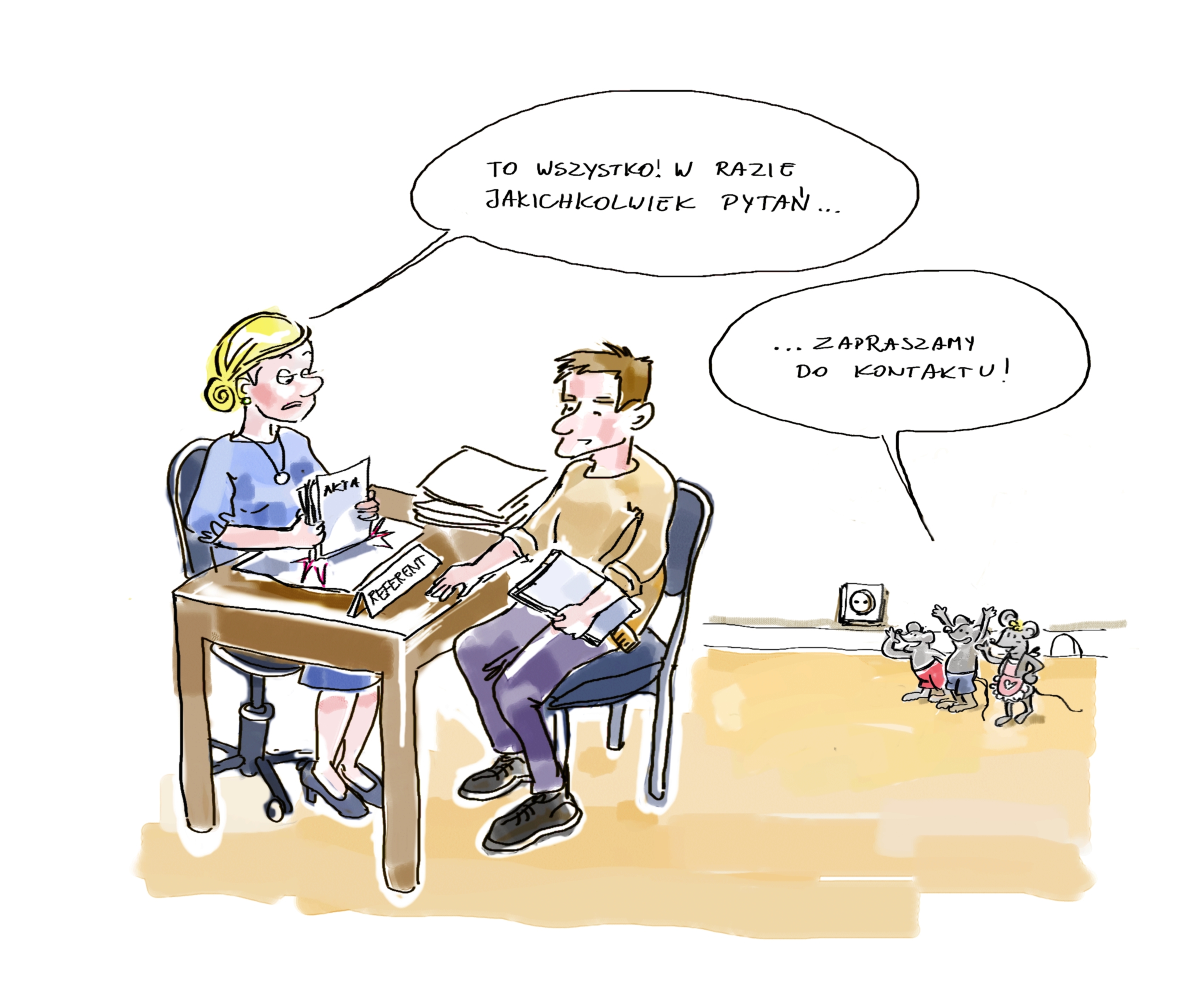 Komiksowy rysunek przedstawia petenta w urzędzie. 