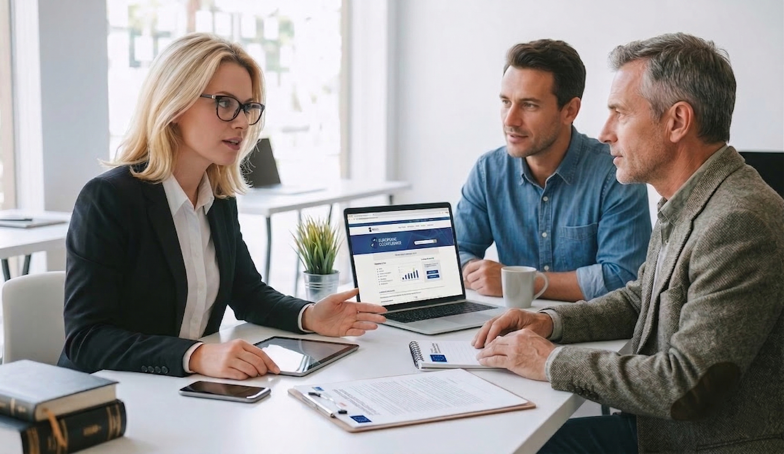 Spotkanie w biurze. Kobieta w ciemnej marynarce tłumaczy zagadnienie dwóm mężczyznom, wskazując na ekran laptopa. 