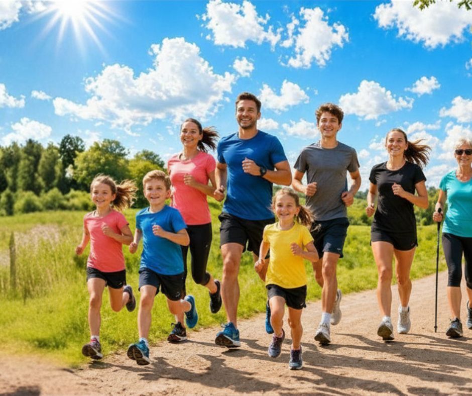 Biegnąca grupa ludzi w strojach sportowych