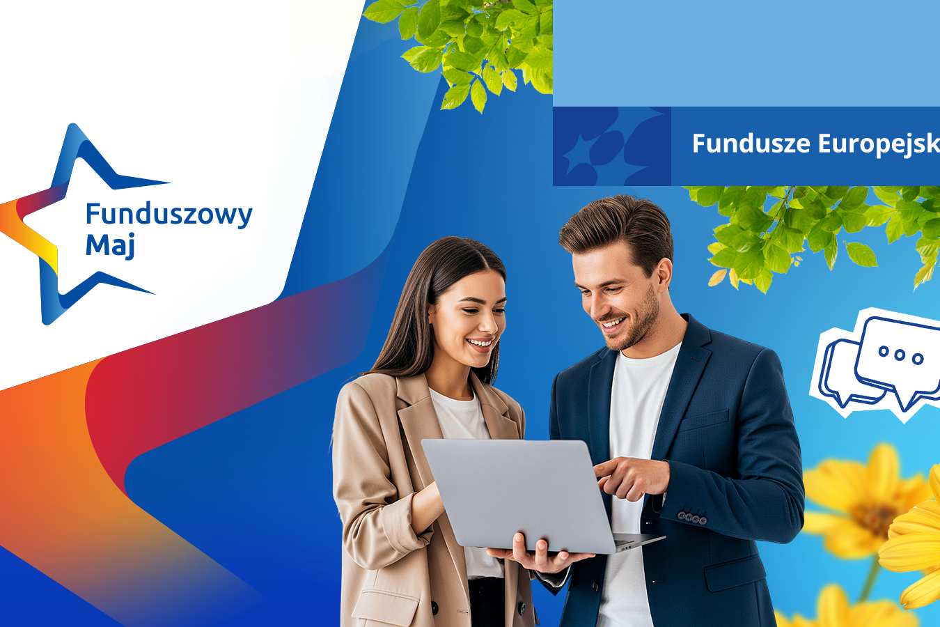 Grafika promocyjna akcji „Funduszowy Maj”. Na błękitnym tle uśmiechnięta kobieta i mężczyzna wspólnie patrzą na ekran laptopa. Obok nich widoczne są żółte kwiaty