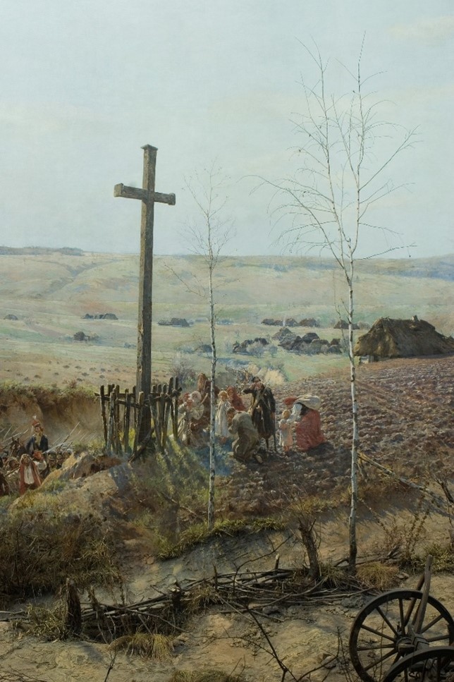 wiejski krajobraz z dużym krzyżem i postaciami przy kapliczce, fragment panoramy Racławickiej 