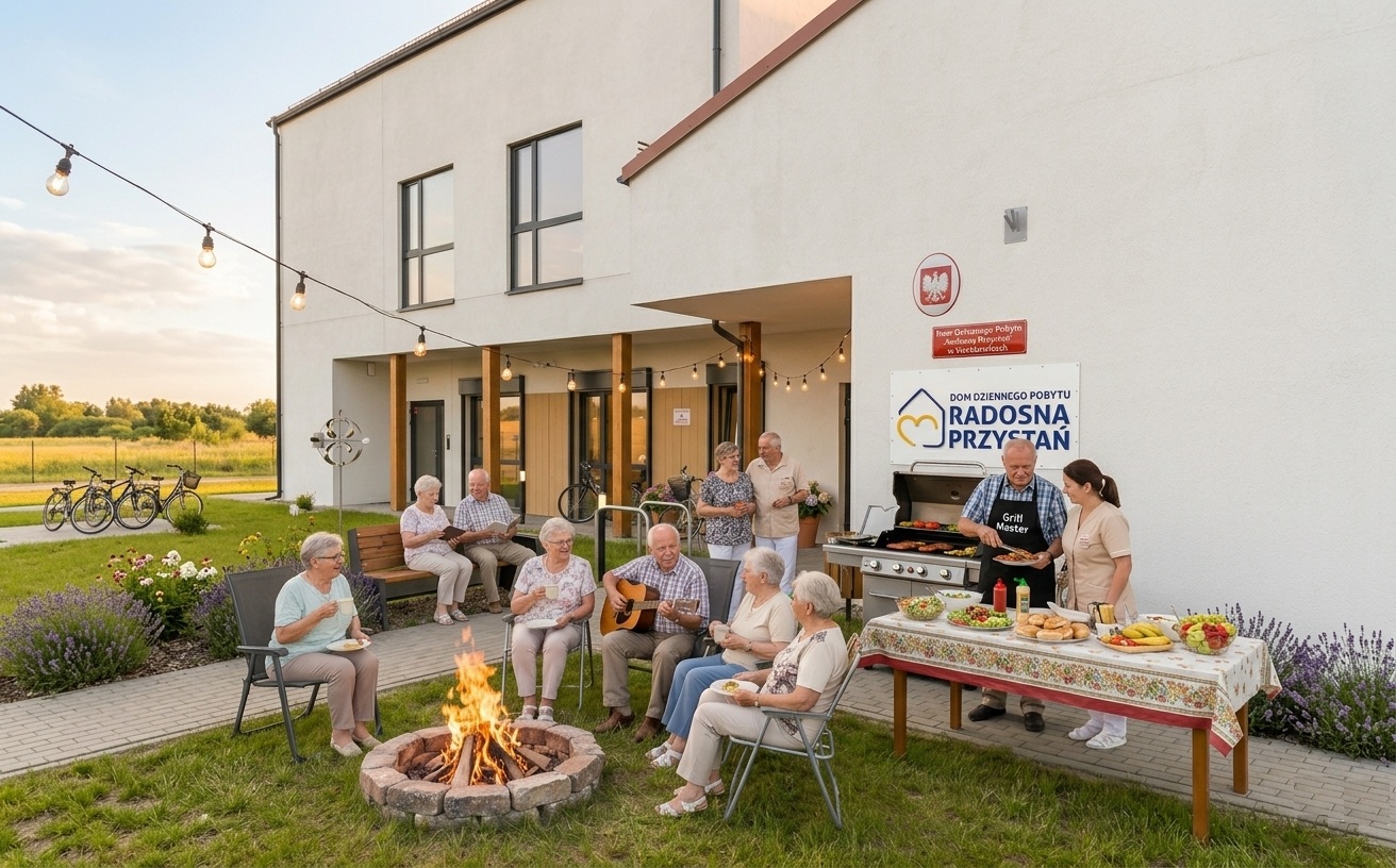 Jedenaście osób, w tym dziesięciu seniorów i jeden opiekun uczestniczą w spotkaniu integracyjnym przy ognisku i grillu. Uczestnicy, jedzą i piją, ktoś gra na gitarze. W tle Radosna Przystań. 