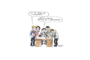 Ilustracja przedstawia zmartwionych ludzi przy biurku. Jeden z nich mówi: I co? Nie trzymaj nas w niepewności!. Na co inny odpowiada: Niestety, minister powitał nas z wykrzyknikiem!