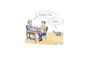 Ilustracja przedstawia urzędniczkę rozmawiającą z petentem. W biurze widać myszy. Kobieta mówi: \"To wszystko! W razie jakichkolwiek pytań...\", a jedna z myszy kończy: \"..zapraszamy do kontaktu!\"..