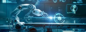 robot z hologramową dłonią symbulizujący AI