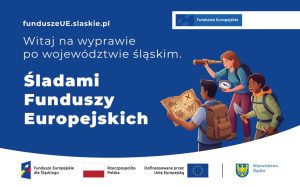 Plakat wydarzenia. Po lewej stronie napis: Witaj na wyprawie po województwie śląskim. Śladami Funduszy Europejskich. Z prawej strony troje ludzi z lupą, mapą i kompasem