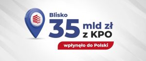 Na grafice widać hasło projektu \"Blisko 35 mld zł z KPO wpłynęło do Polski\"